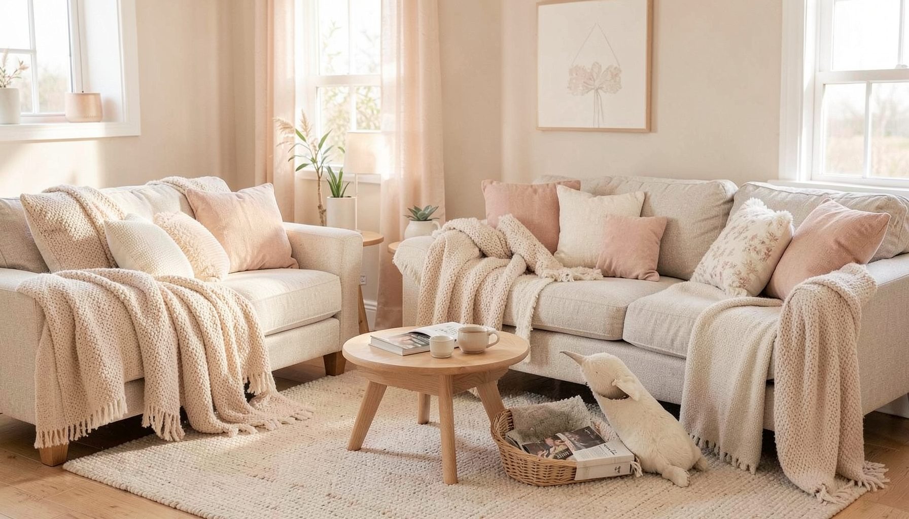A softly lit pastel-toned family living space with cozy textiles, warm cream and blush accents, and gentle morning light