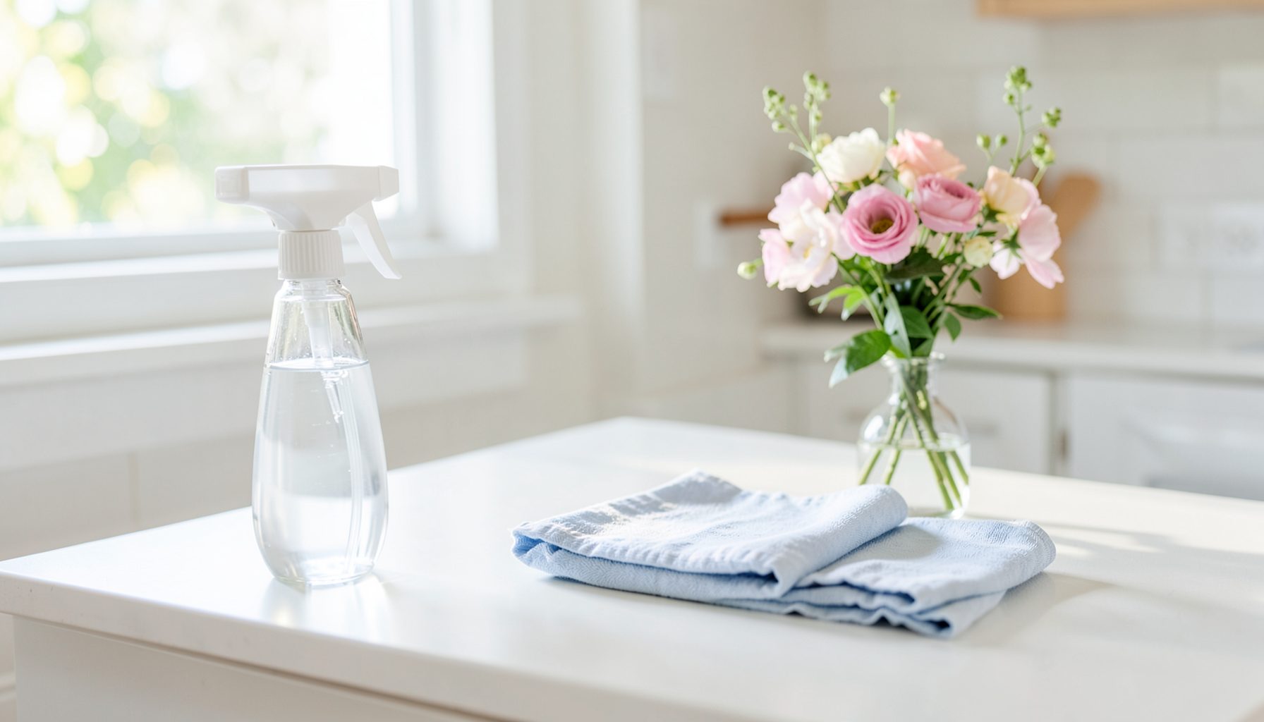 A bright, clean kitchen counter with a spray bottle, folded microfibre cloths, and fresh flowers in a small vase, bathed in natural daylight