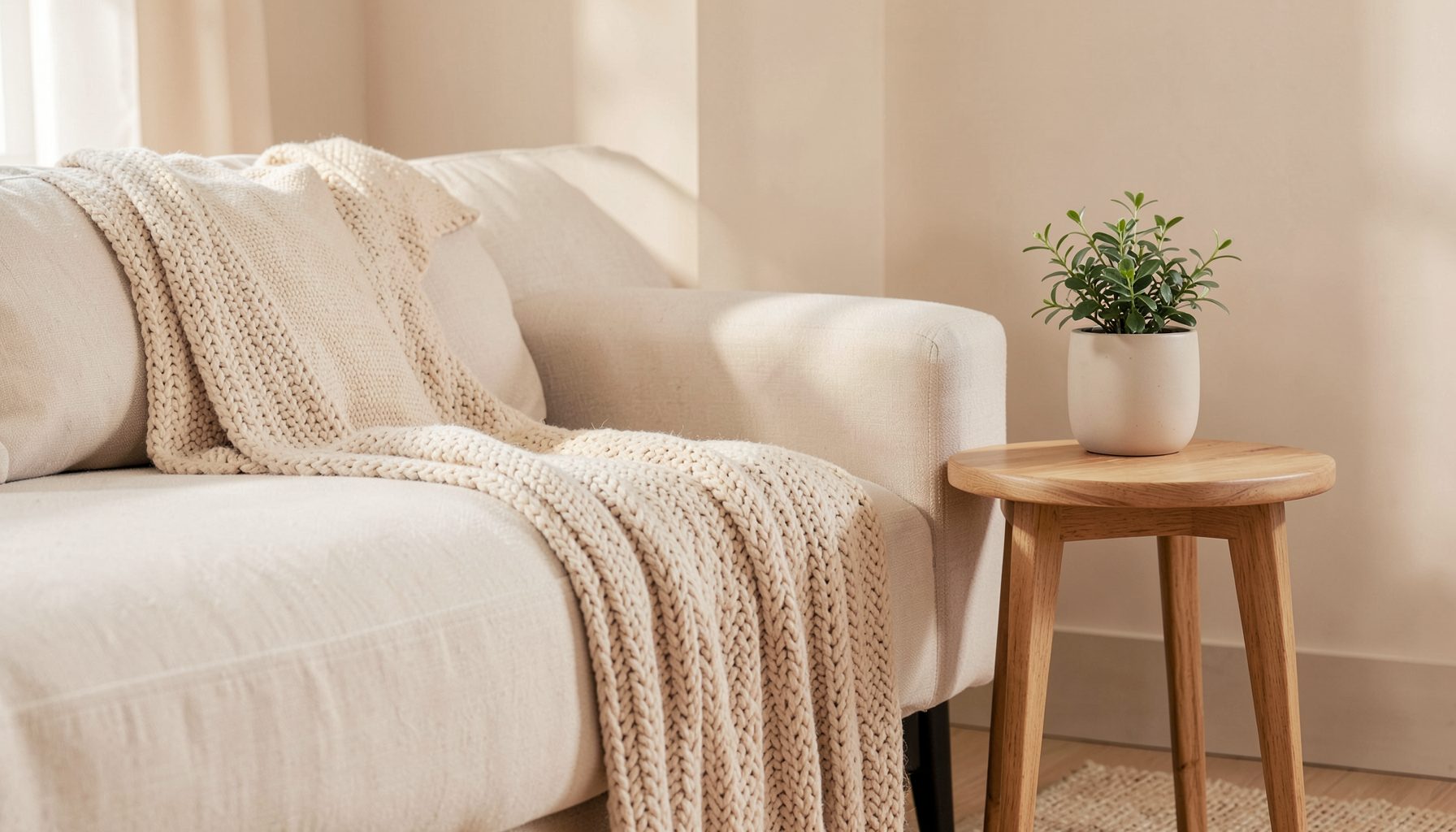 A warm, softly lit living room corner with a cream sofa, knitted throw blanket, and a wooden side table with a small potted plant, in gentle beige and blush tones