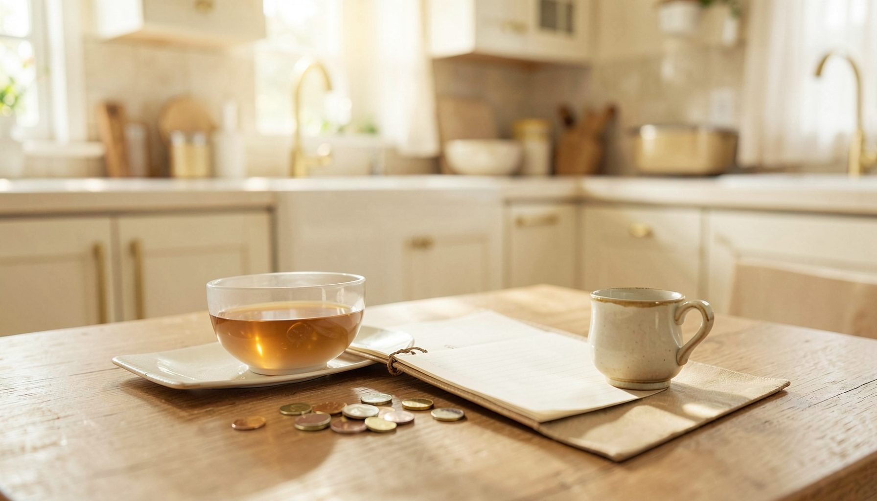 A warm, softly lit family kitchen table with a notebook, a cup of tea, and scattered coins, in gentle cream and gold tones