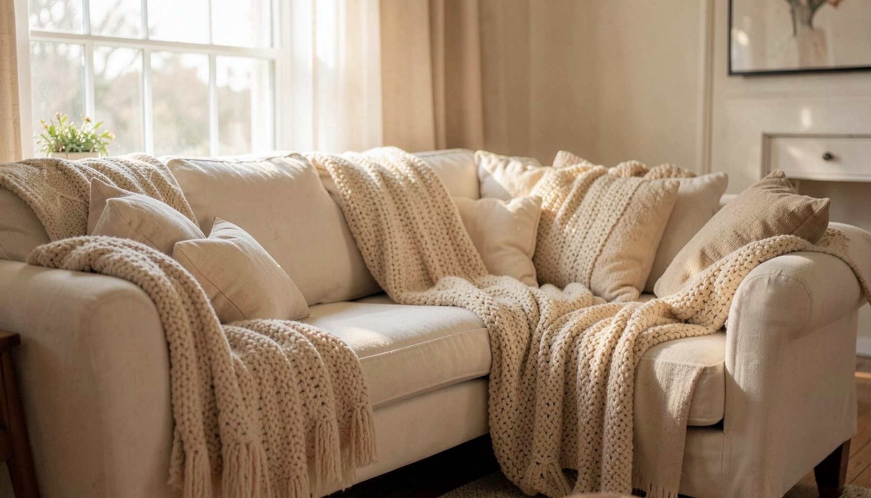 A warm, softly lit family living room with a cream sofa, knitted throws, and gentle morning light streaming through a window