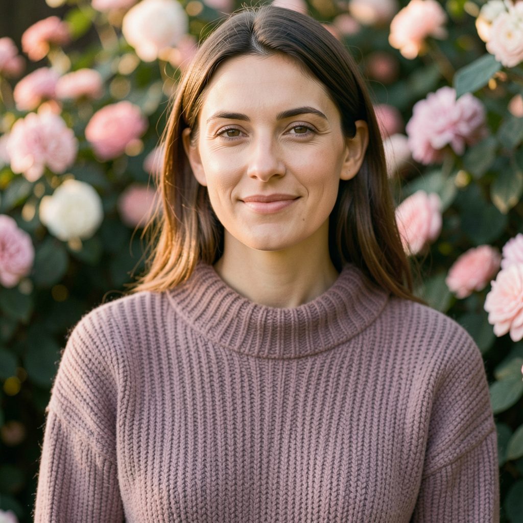 A warm, naturalistic portrait of a woman with soft lighting, wearing a cosy knit in muted mauve tones, set against a blurred floral background