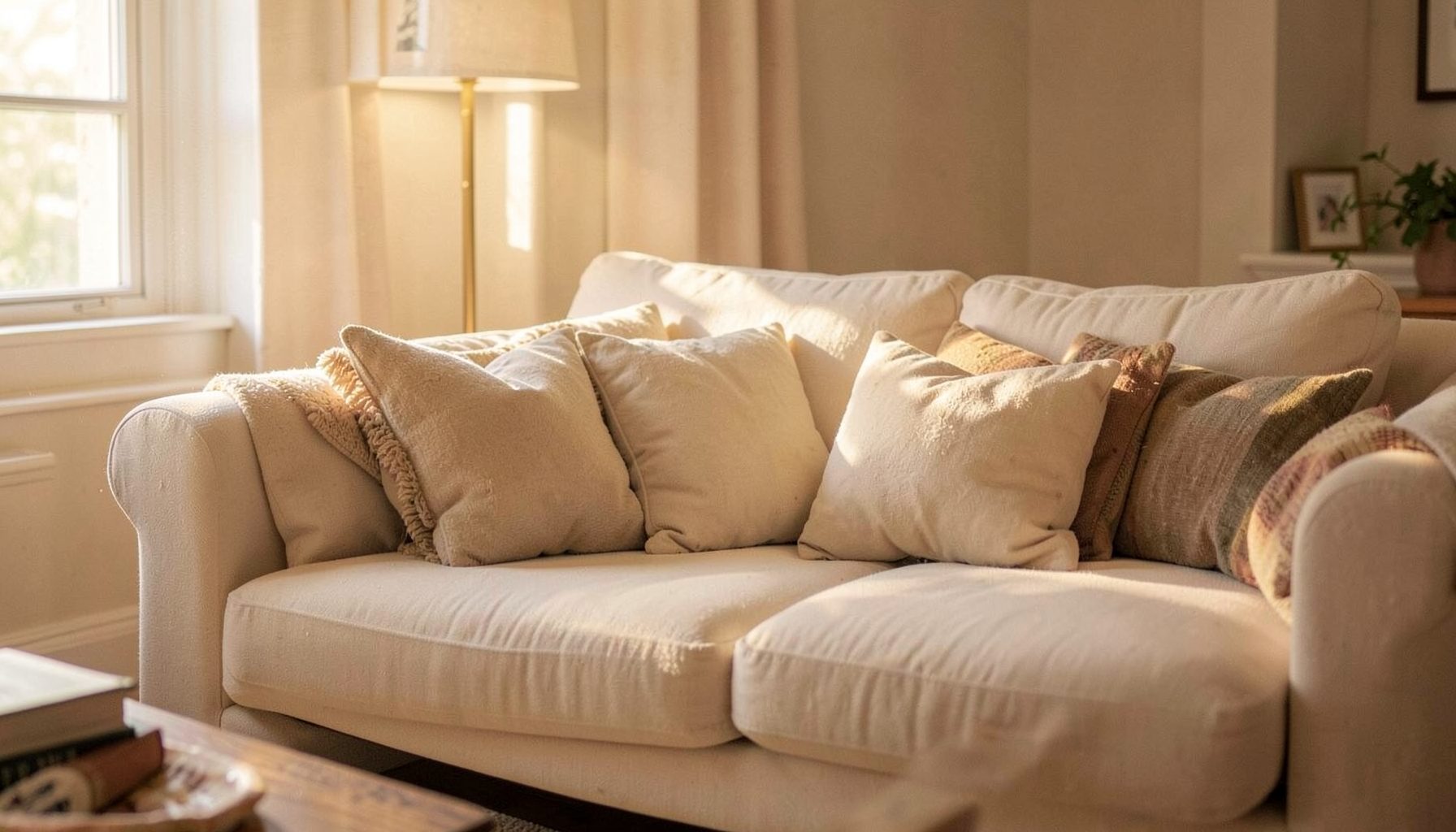 A warm, softly lit family living room with a cream sofa, scattered cushions, and gentle sunlight streaming through a window.