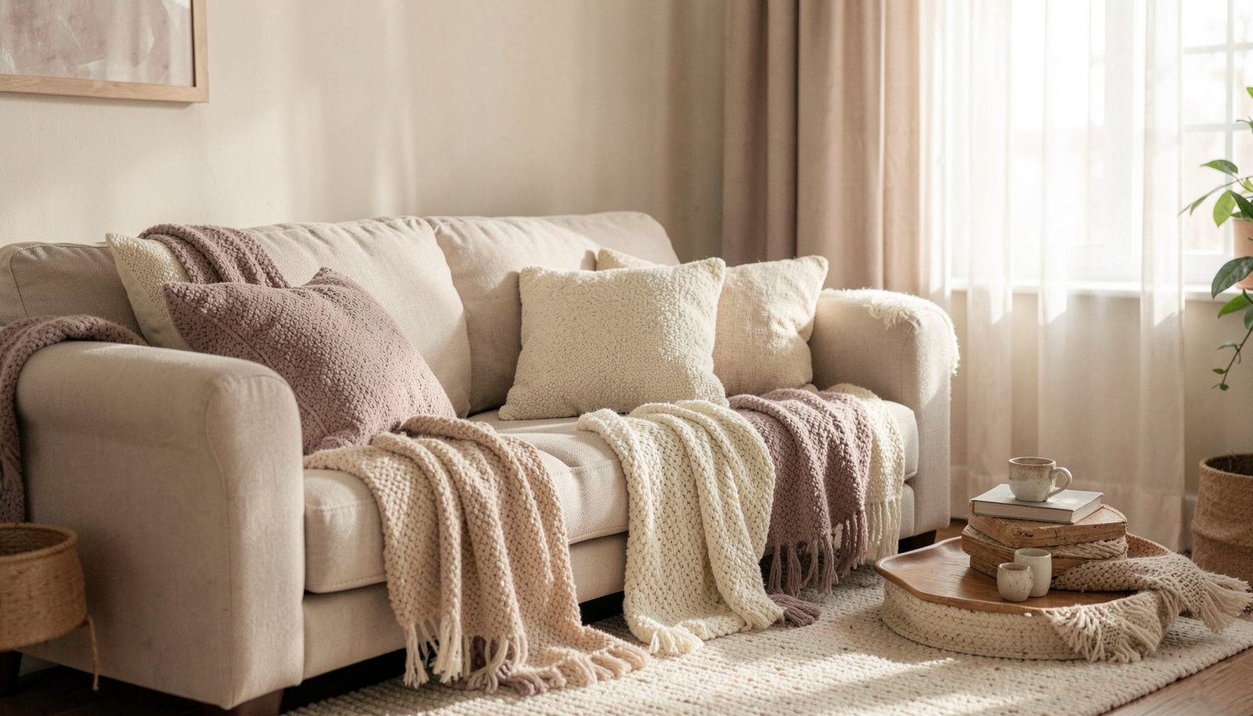 A warm, softly lit family living room with cozy textiles in cream and dusty mauve tones, a plush sofa, and gentle morning light filtering through sheer curtains