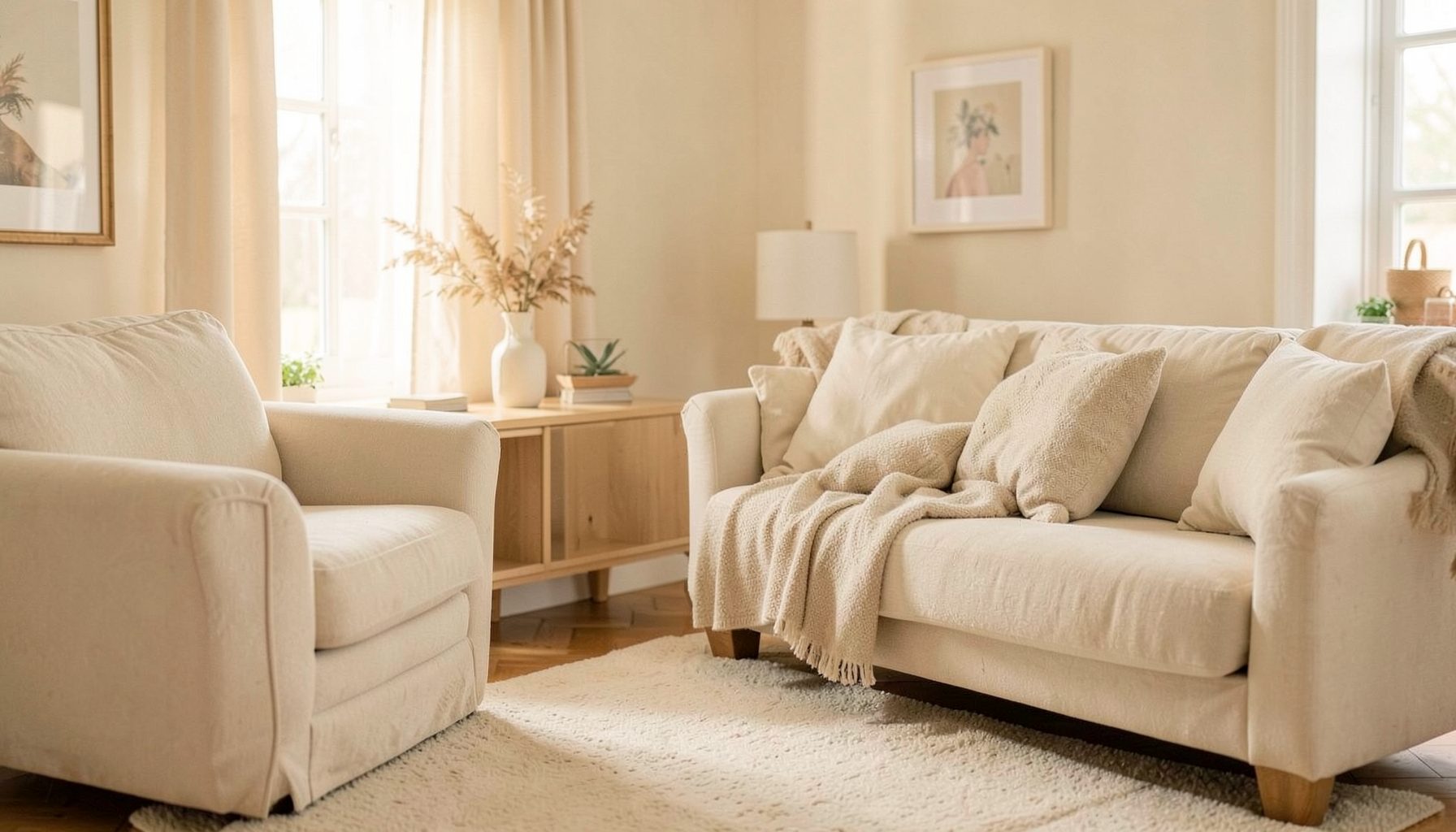 A warm, softly lit domestic scene with neutral cream and beige tones, evoking a calm family home atmosphere