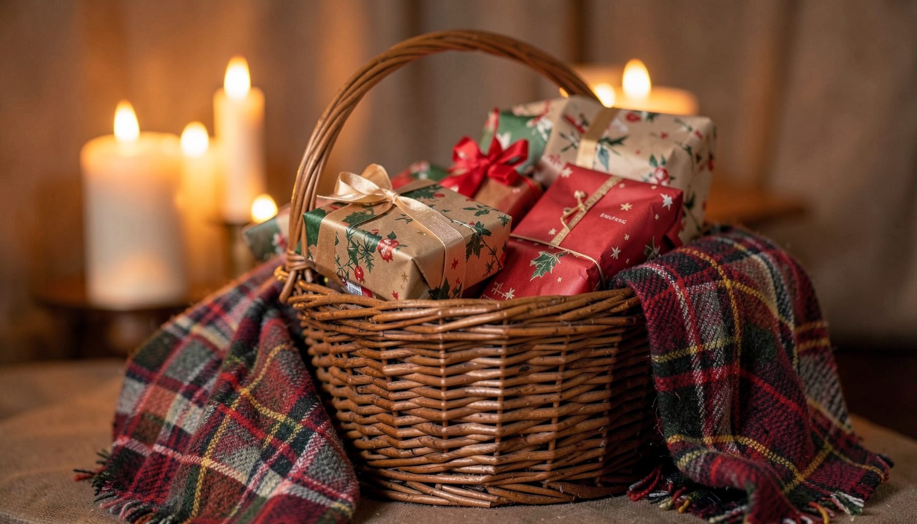A wicker basket filled with wrapped gifts in festive paper, a soft plaid blanket draped beside it, warm candlelight glow in the background