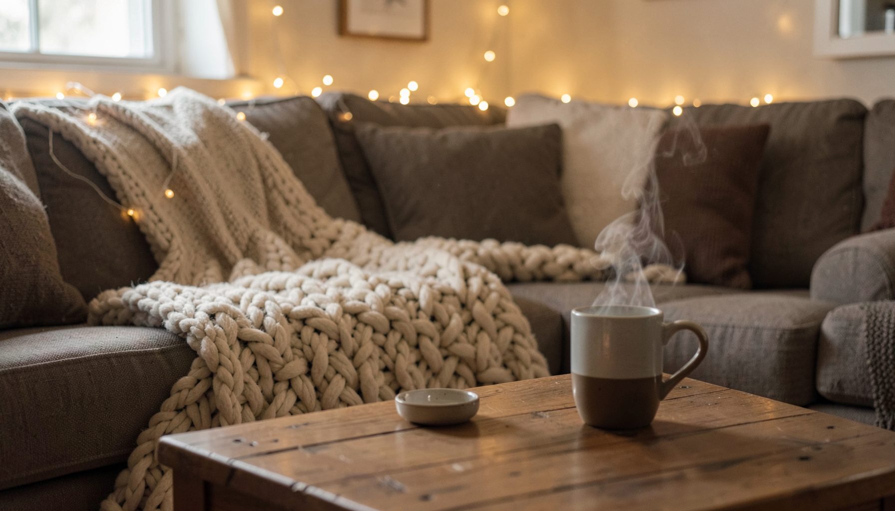 A cosy living room scene with a chunky knit throw on a sofa, fairy lights twinkling, and a steaming mug on a wooden coffee table